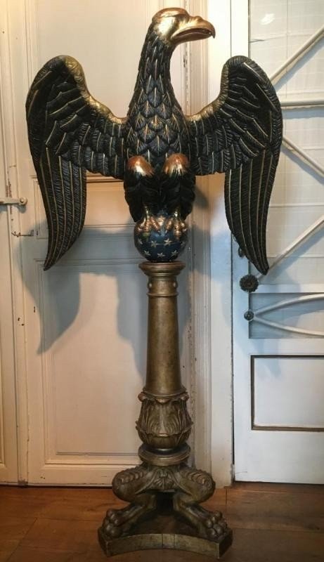 Large Wooden Eagle On Pedestal At The End Of The 18thC. Polychrome And Gilding Original Dimensions : Total Height: 1.68 M Width: 0.80 M In Good Condition