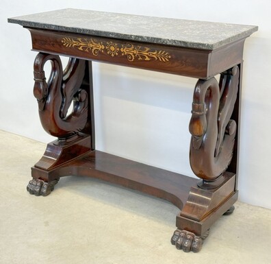 Mahogany console with drawer, scroll swan neck and marble top. Dimensions: Height: 89 cm Width: 101 cm Depth: 45 cm Marble top dimensions: 104 x 43 cm. Console in good condition with a few small defects, lack of veneer. Marble top in very good condition. 