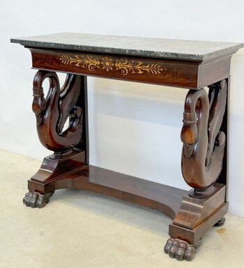 Mahogany console with drawer, scroll swan neck and marble top. Dimensions: Height: 89 cm Width: 101 cm Depth: 45 cm Marble top dimensions: 104 x 43 cm. Console in good condition with a few small defects, lack of veneer. Marble top in very good condition.