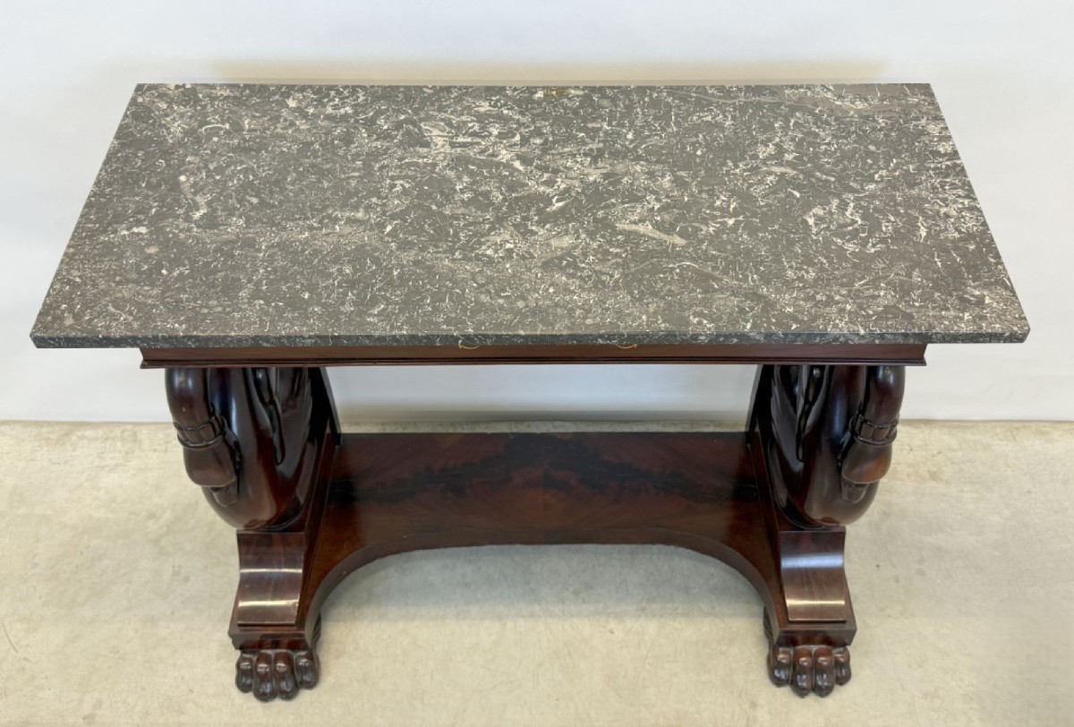 Mahogany console with drawer, scroll swan neck and marble top. Dimensions: Height: 89 cm Width: 101 cm Depth: 45 cm Marble top dimensions: 104 x 43 cm. Console in good condition with a few small defects, lack of veneer. Marble top in very good condition.