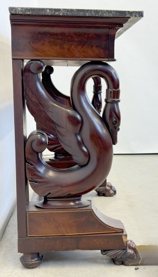 Mahogany console with drawer, scroll swan neck and marble top. Dimensions: Height: 89 cm Width: 101 cm Depth: 45 cm Marble top dimensions: 104 x 43 cm. Console in good condition with a few small defects, lack of veneer. Marble top in very good condition.
