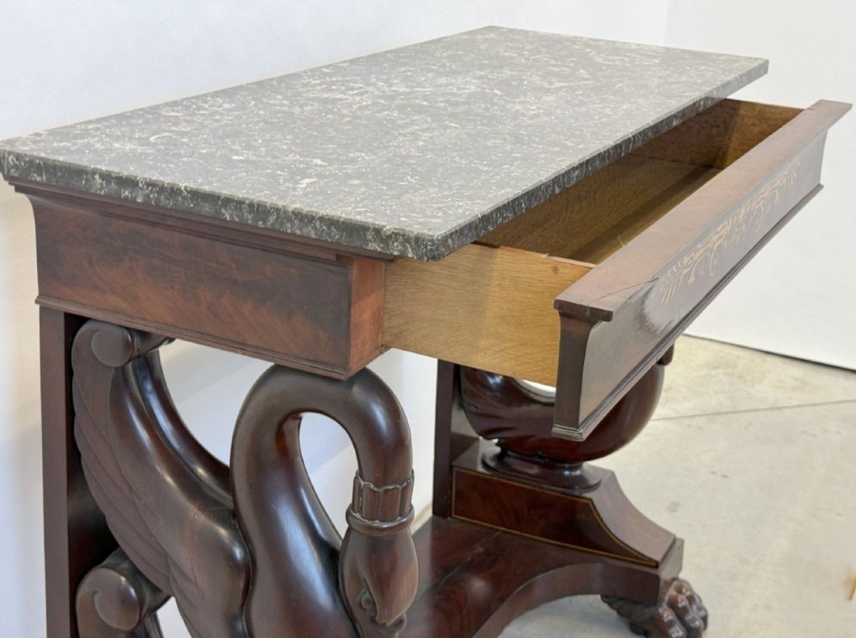 Mahogany console with drawer, scroll swan neck and marble top. Dimensions: Height: 89 cm Width: 101 cm Depth: 45 cm Marble top dimensions: 104 x 43 cm. Console in good condition with a few small defects, lack of veneer. Marble top in very good condition.