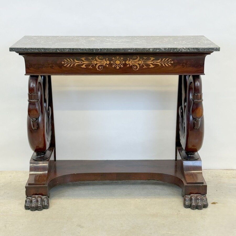 Mahogany console with drawer, scroll swan neck and marble top. Dimensions: Height: 89 cm Width: 101 cm Depth: 45 cm Marble top dimensions: 104 x 43 cm. Console in good condition with a few small defects, lack of veneer. Marble top in very good condition.