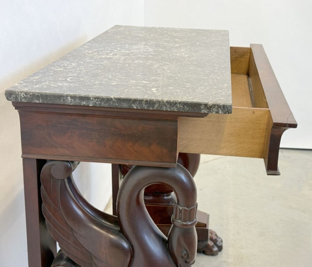 Mahogany console with drawer, scroll swan neck and marble top. Dimensions: Height: 89 cm Width: 101 cm Depth: 45 cm Marble top dimensions: 104 x 43 cm. Console in good condition with a few small defects, lack of veneer. Marble top in very good condition.