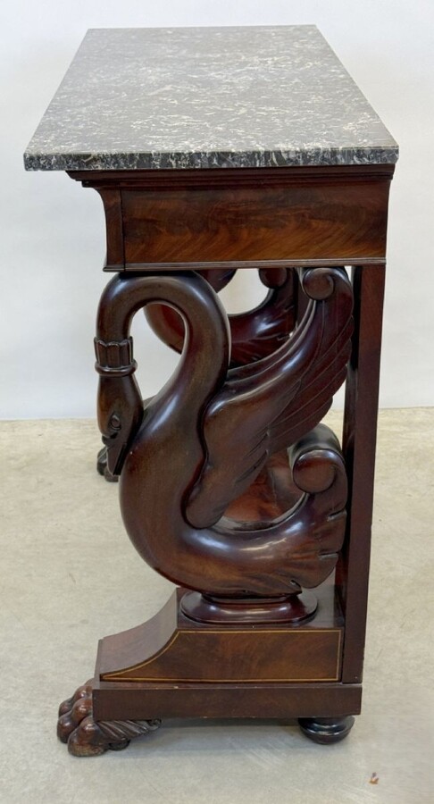 Mahogany console with drawer, scroll swan neck and marble top. Dimensions: Height: 89 cm Width: 101 cm Depth: 45 cm Marble top dimensions: 104 x 43 cm. Console in good condition with a few small defects, lack of veneer. Marble top in very good condition.