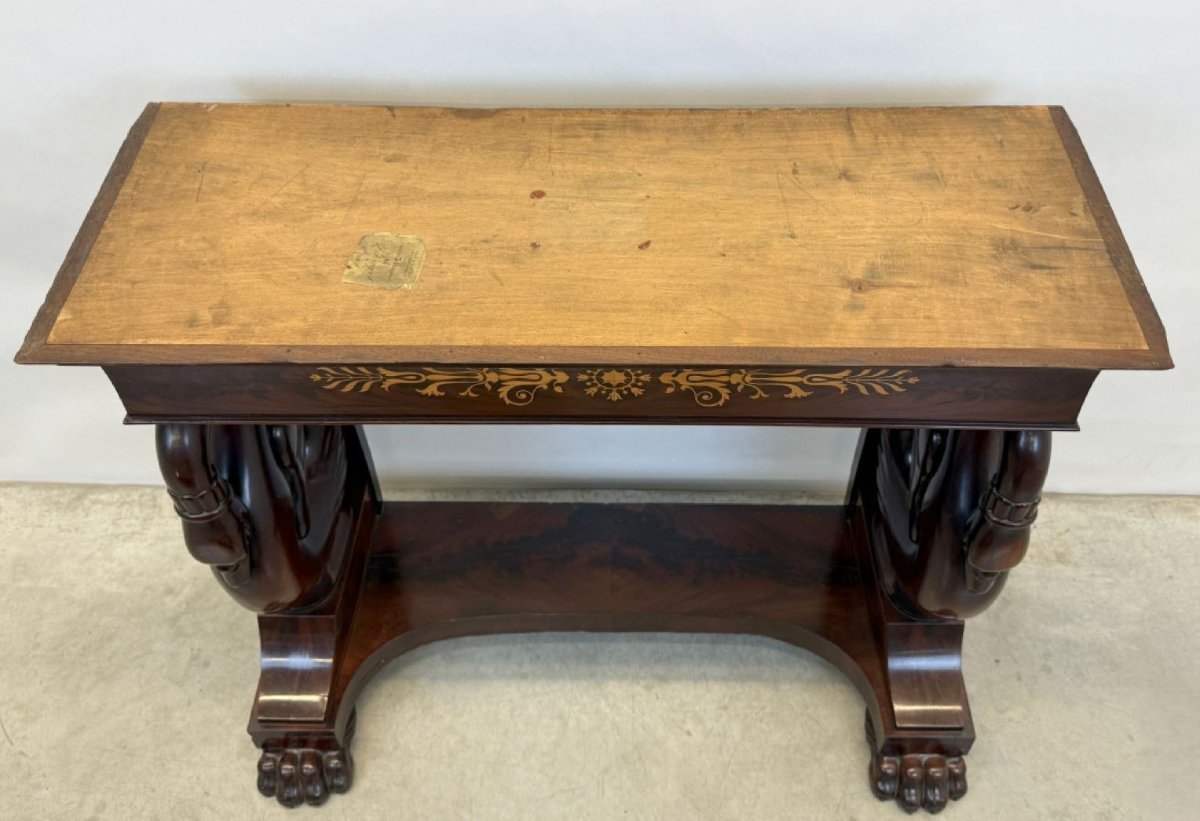Mahogany console with drawer, scroll swan neck and marble top. Dimensions: Height: 89 cm Width: 101 cm Depth: 45 cm Marble top dimensions: 104 x 43 cm. Console in good condition with a few small defects, lack of veneer. Marble top in very good condition.