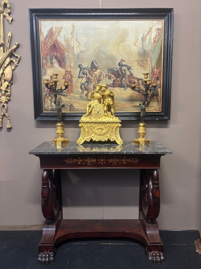 Mahogany console with drawer, scroll swan neck and marble top. Dimensions: Height: 89 cm Width: 101 cm Depth: 45 cm Marble top dimensions: 104 x 43 cm. Console in good condition with a few small defects, lack of veneer. Marble top in very good condition.