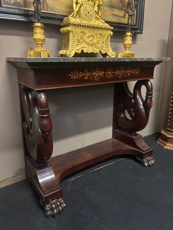 Mahogany console with drawer, scroll swan neck and marble top. Dimensions: Height: 89 cm Width: 101 cm Depth: 45 cm Marble top dimensions: 104 x 43 cm. Console in good condition with a few small defects, lack of veneer. Marble top in very good condition.