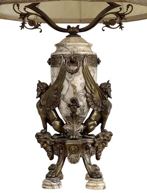 ‘Mythological Sphinx’ lamp base in bronze/marble, 1920. Decorative lamp base depicting two mythological sphinxes in bronze standing on a bearded man's head leaning against a large marble vase. Small defect