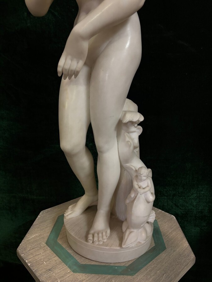Nice alabaster sculpture from the 19th century. ( 79 cm ) Beautiful alabaster sculpture finely detailed representing Venus with a fish and 2 angels playing. Signed on the base at the back Dimensions : Height : 79 cm Width : 26 cm Foot diameter : 21 cm
