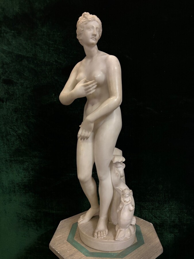 Nice alabaster sculpture from the 19th century. ( 79 cm ) Beautiful alabaster sculpture finely detailed representing Venus with a fish and 2 angels playing. Signed on the base at the back Dimensions : Height : 79 cm Width : 26 cm Foot diameter : 21 cm
