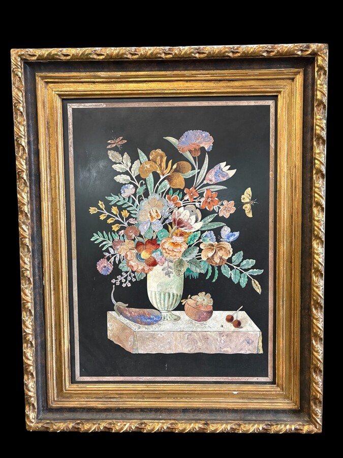 Painting, ‘Still Life with Flowers’ in scagliola, 19th century 