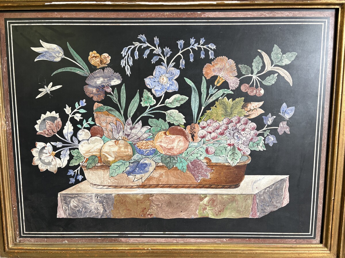 Painting, ‘Still Life with Flowers’ in scagliola, 19thC. A decorative painting depicting a bouquet of flowers in a vase, fruit and butterflies, in scagliola.