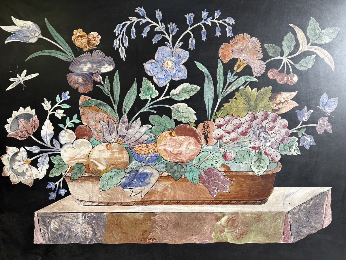 Painting, ‘Still Life with Flowers’ in scagliola, 19thC. A decorative painting depicting a bouquet of flowers in a vase, fruit and butterflies, in scagliola.