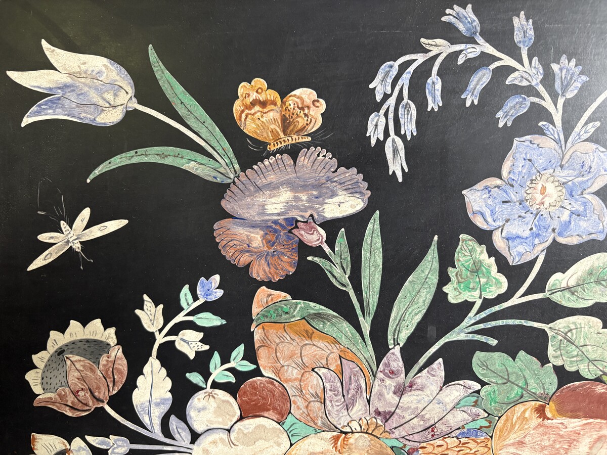 Painting, ‘Still Life with Flowers’ in scagliola, 19thC. A decorative painting depicting a bouquet of flowers in a vase, fruit and butterflies, in scagliola.
