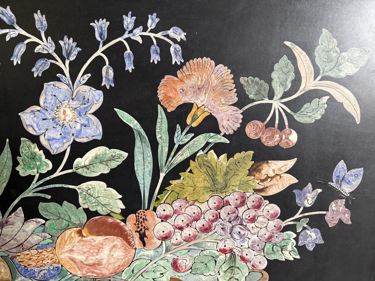 Painting, ‘Still Life with Flowers’ in scagliola, 19thC. A decorative painting depicting a bouquet of flowers in a vase, fruit and butterflies, in scagliola.