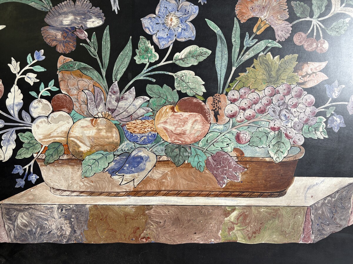 Painting, ‘Still Life with Flowers’ in scagliola, 19thC. A decorative painting depicting a bouquet of flowers in a vase, fruit and butterflies, in scagliola.