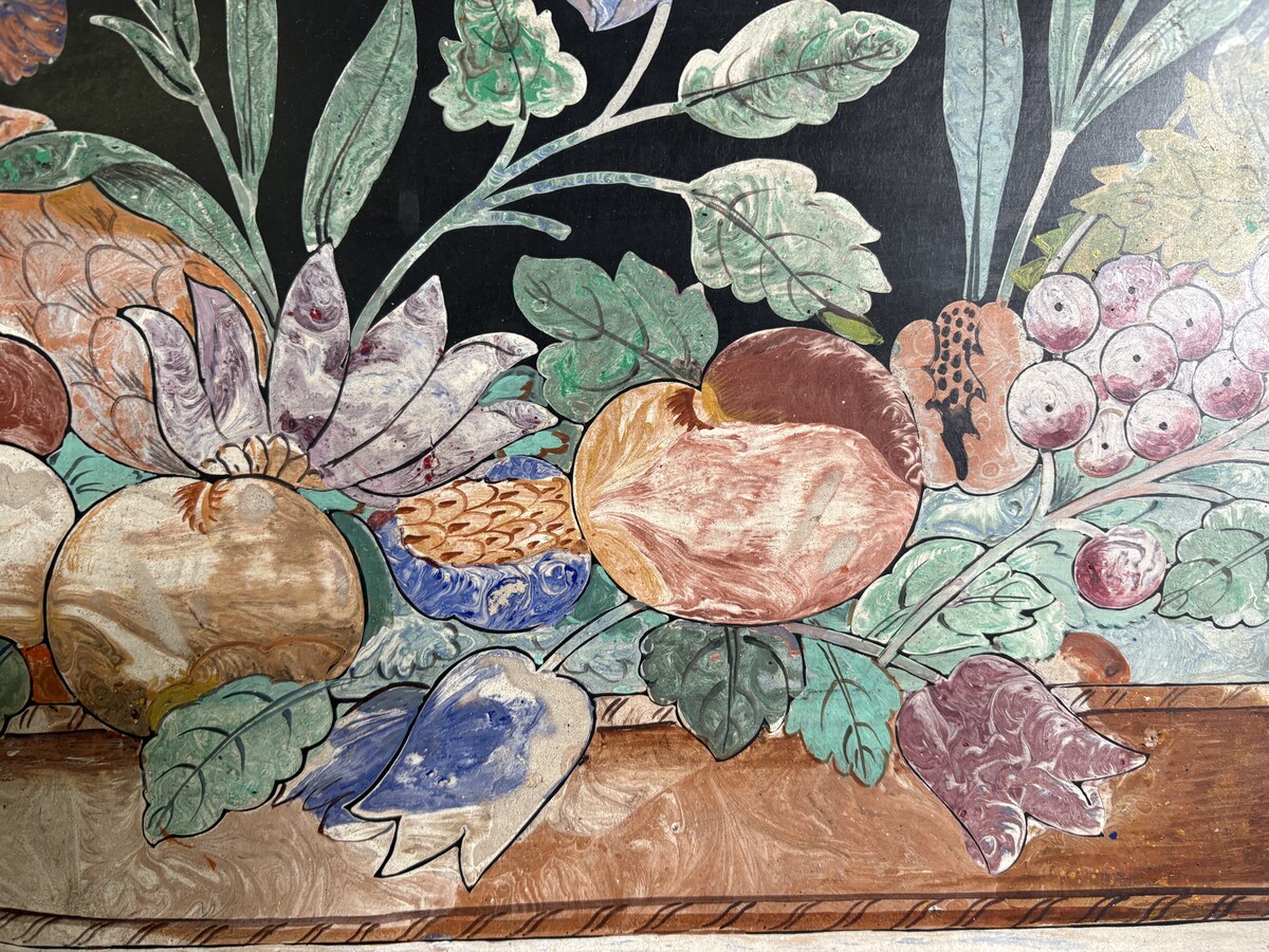 Painting, ‘Still Life with Flowers’ in scagliola, 19thC. A decorative painting depicting a bouquet of flowers in a vase, fruit and butterflies, in scagliola.
