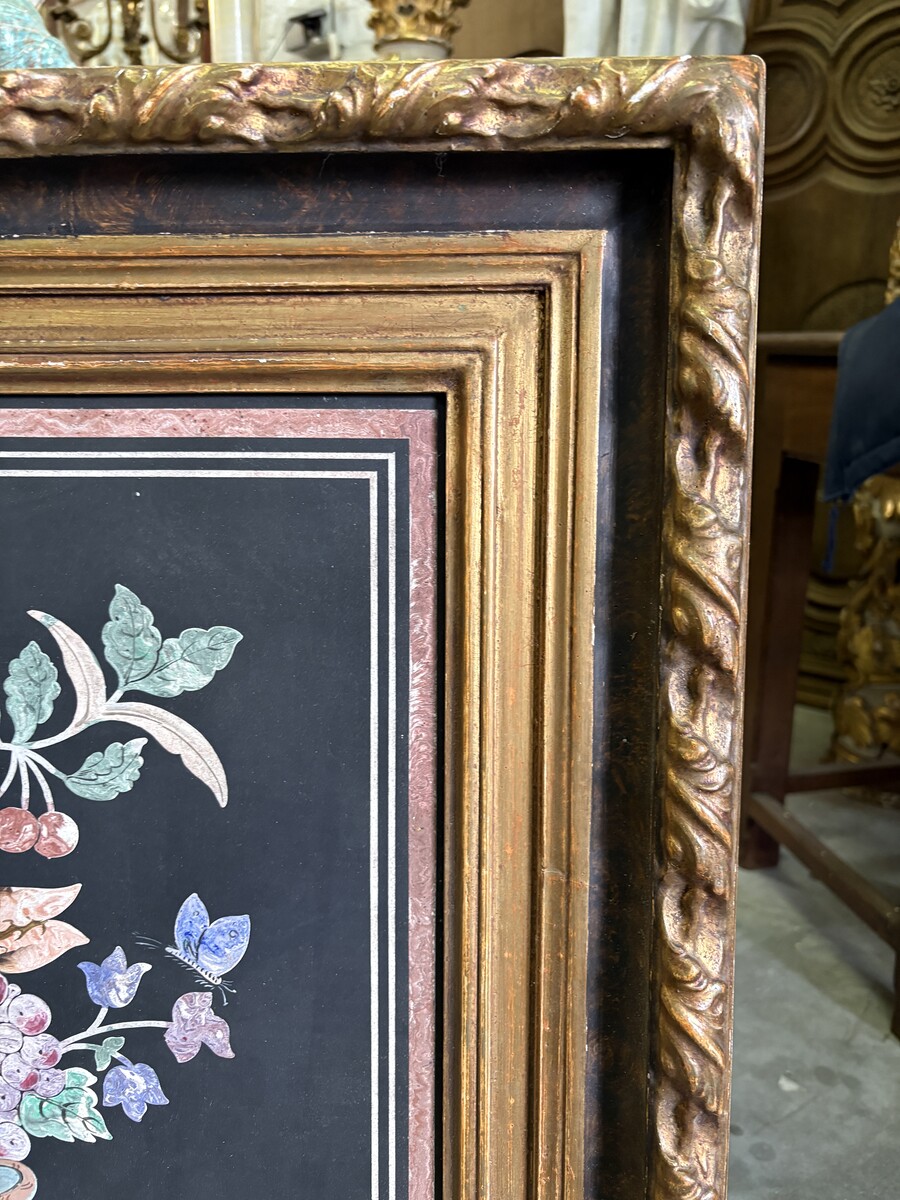 Painting, ‘Still Life with Flowers’ in scagliola, 19thC. A decorative painting depicting a bouquet of flowers in a vase, fruit and butterflies, in scagliola.