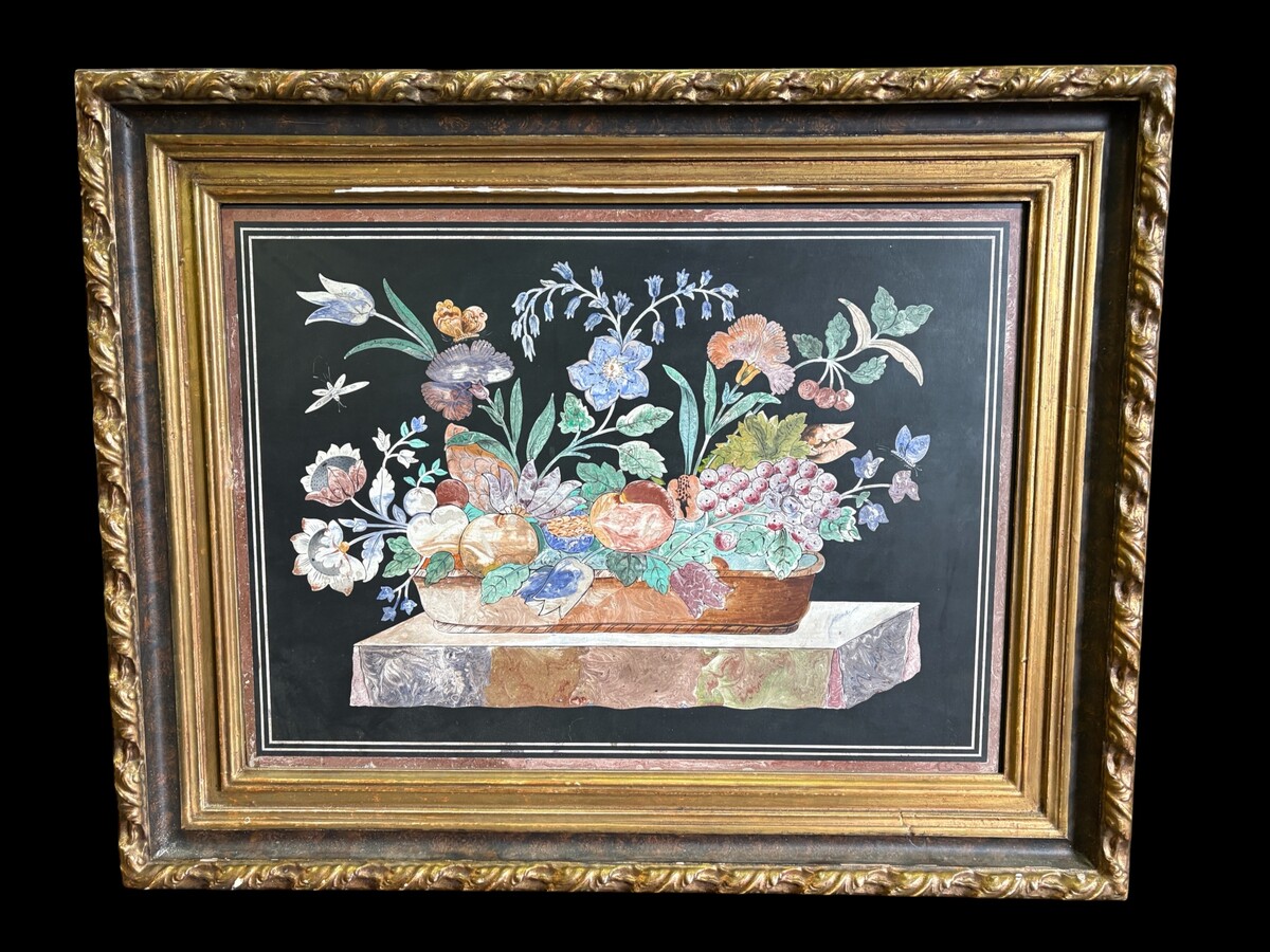 Painting, ‘Still Life with Flowers’ in scagliola, 19thC. A decorative painting depicting a bouquet of flowers in a vase, fruit and butterflies, in scagliola.