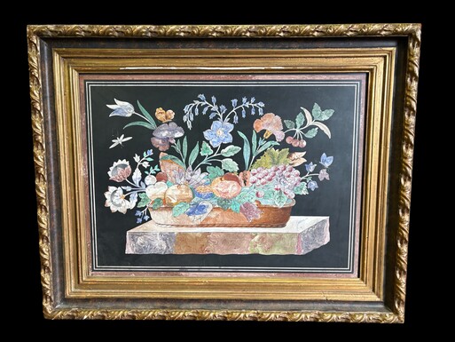 Painting, ‘Still Life with Flowers’ in scagliola, 19thC. A decorative painting depicting a bouquet of flowers in a vase, fruit and butterflies, in scagliola.