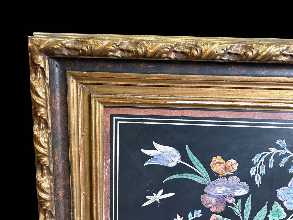 Painting, ‘Still Life with Flowers’ in scagliola, 19thC. A decorative painting depicting a bouquet of flowers in a vase, fruit and butterflies, in scagliola.