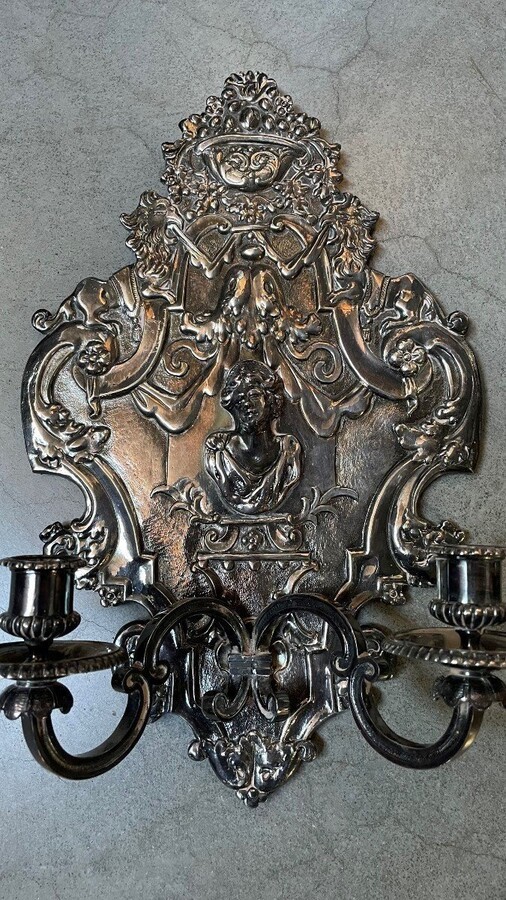 Pair of 19th Century Silver Bronze Candle Wall Sconces. Decorative Renaissance style wall lights. Both are in very good condition and have the following dimensions: Height: 40 cm Width : 25 cm Depth : 12 cm
