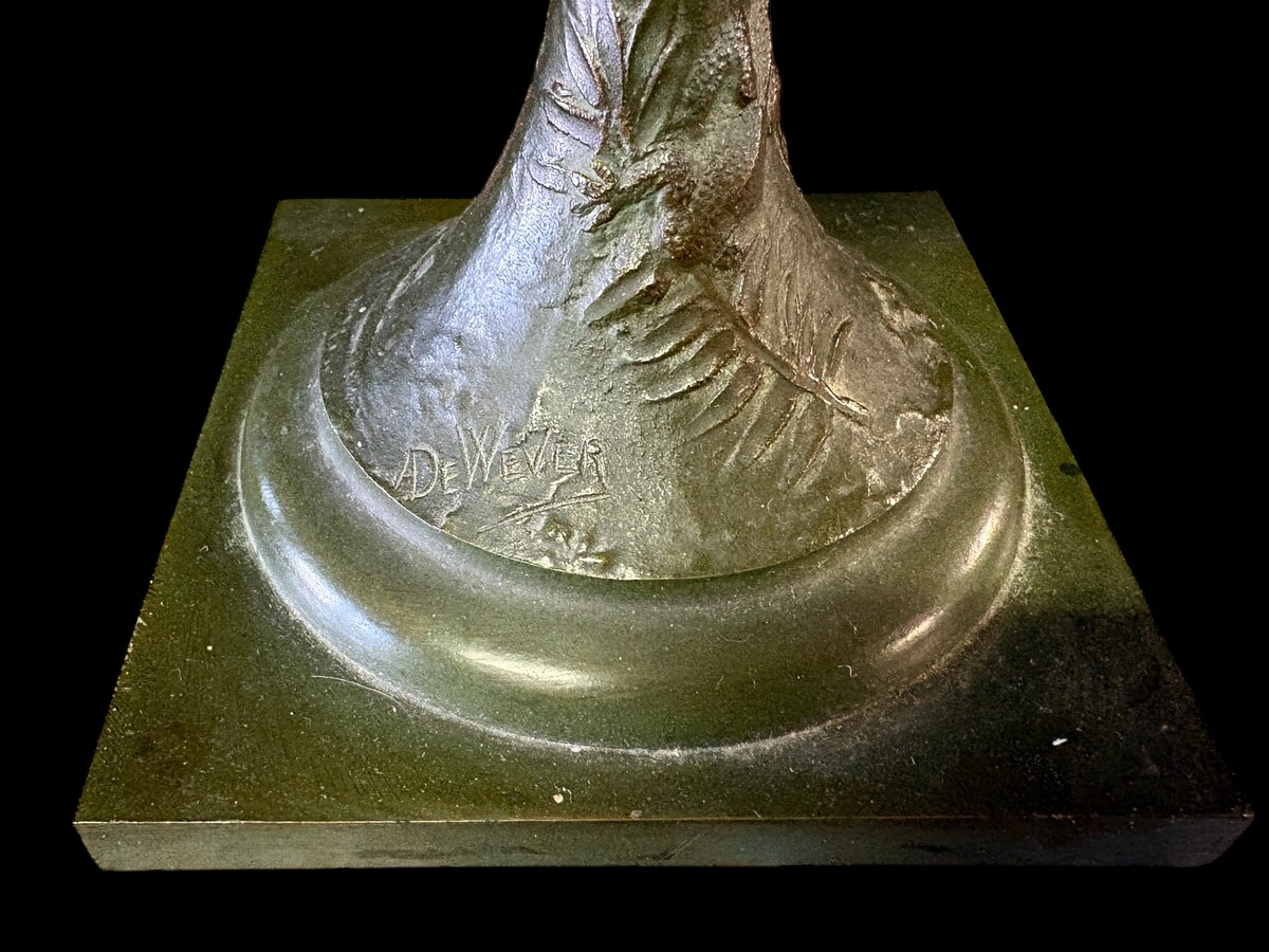 Pair of Art Nouveau decorative bronze vases, 1890–1900 Beautiful decorative vases with fine detailing in patinated bronze, depicting flowers, plants, birds, dragonflies, butterflies, lizards, etc. Signed “De Wever” 