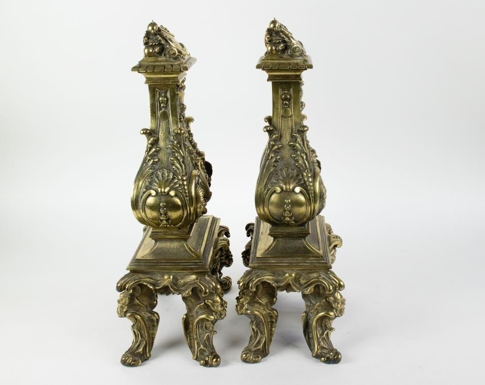 Pair Of Bronze Castle Chenets Early 19th Century. Very High Quality Bronze With Beautiful Decorations. Chenets Are Signed Seghers Castelle 783 Iron Supports Missing Height : 52 Cm