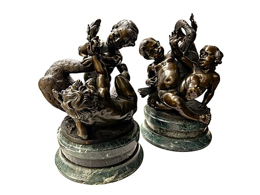 Pair of bronze sculptures ‘putti with swan’ after Clodion, 19th century Attractive pair of decorative bronze sculptures  mounted on a marble base. Both sculptures are signed Clodion / Cresson éditeur. 
