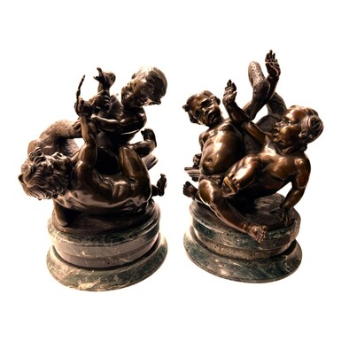 Pair of bronze sculptures ‘putti with swan’ after Clodion, 19th century Attractive pair of decorative bronze sculptures mounted on a marble base. Both sculptures are signed Clodion / Cresson éditeur.