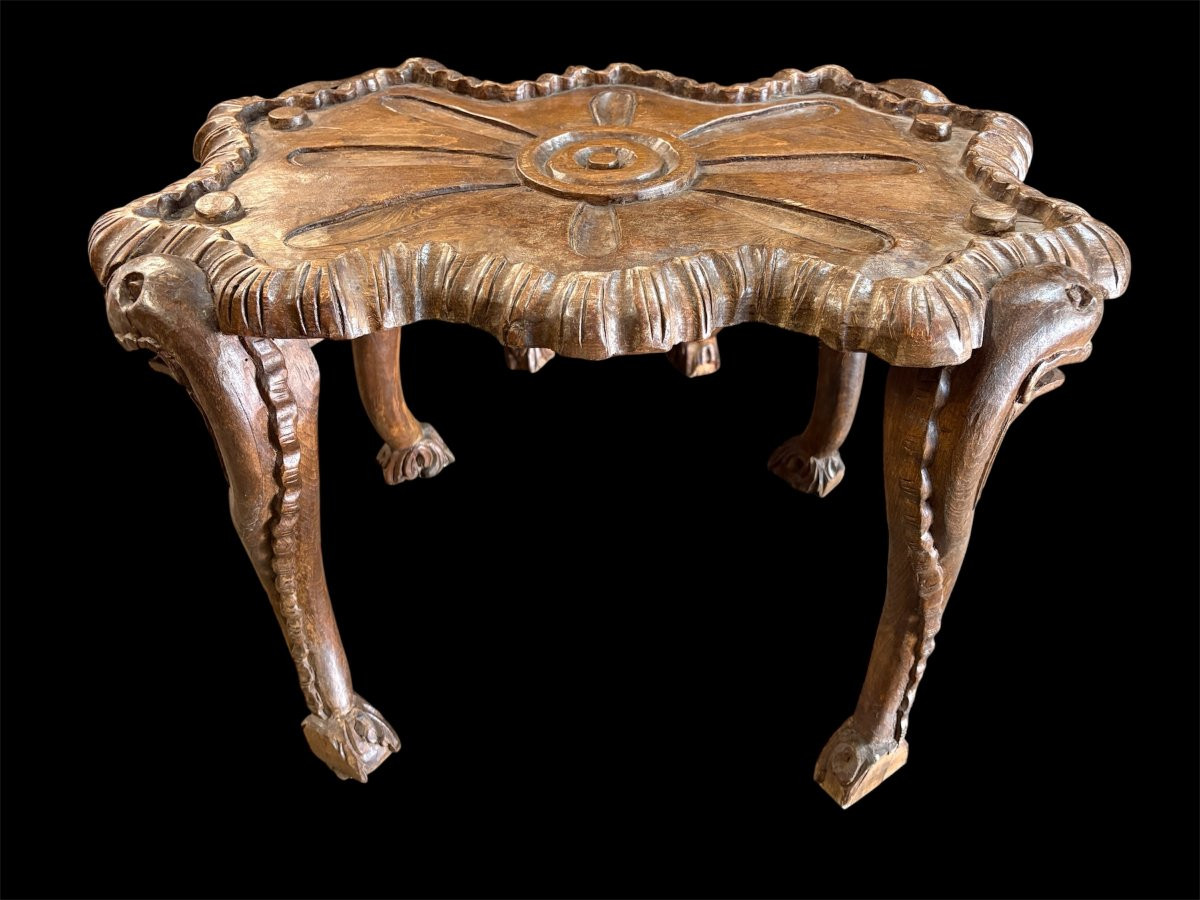 Pair Of Carved Walnut Cave Armchairs 20th C. A very fine pair of Venice carved walnut cave armchairs with a small table. The armchairs, shell-shaped, are all done in the typical style for decoration that was the fashion in Venice in the 19th century.