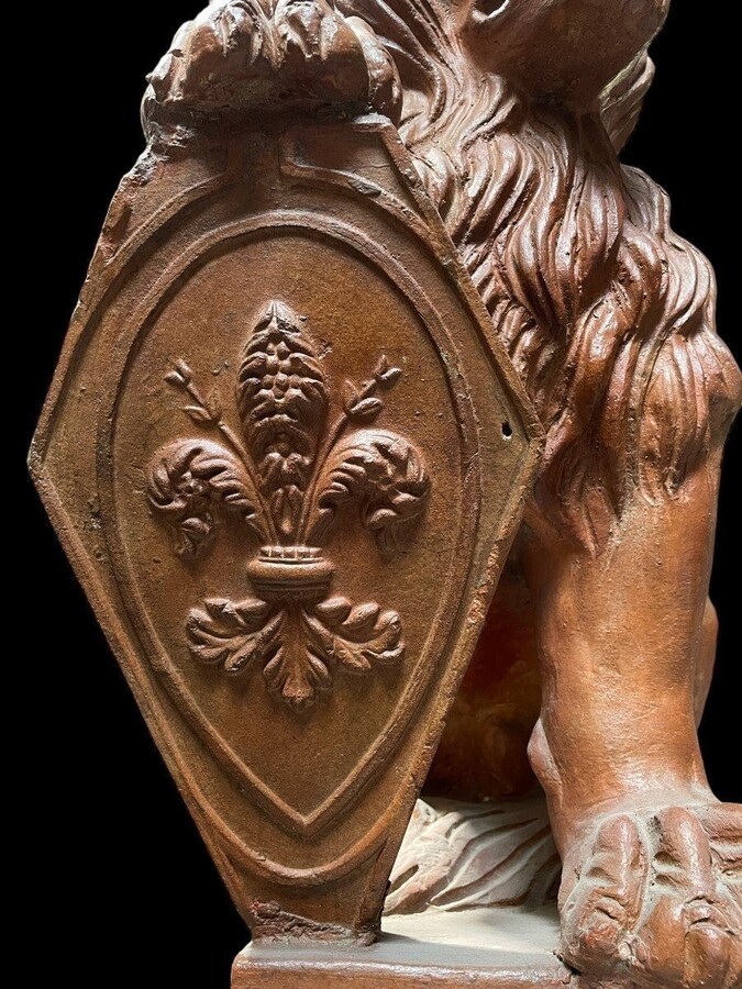 Pair of decorative lions with shields in terra cotta Beautiful pair of lions from Florence Italy from around 1900-1920. Both in good condition with some minor defects