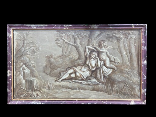 Pair of Grisailles landscape scene oil on canvas late 18th century. Very beautiful grisailles in a faux marble wooden frame depicting an angel with a lady in a landscape with a waterfall, trees and buildings in the background. 