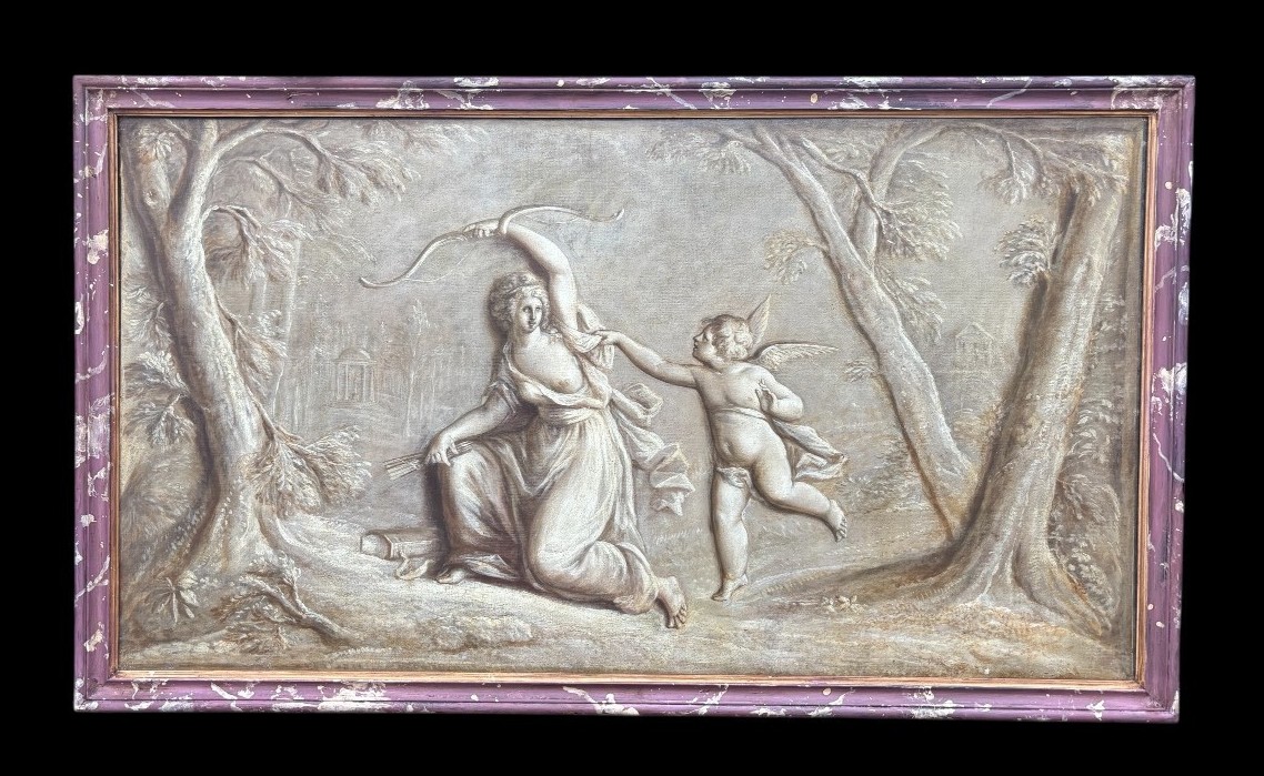 Pair of Grisailles landscape scene oil on canvas late 18th century. Very beautiful grisailles in a faux marble wooden frame depicting an angel with a lady in a landscape with a waterfall, trees and buildings in the background.