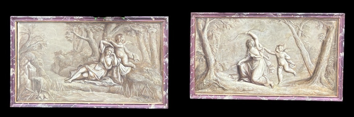 Pair of Grisailles landscape scene oil on canvas late 18th century. Very beautiful grisailles in a faux marble wooden frame depicting an angel with a lady in a landscape with a waterfall, trees and buildings in the background.