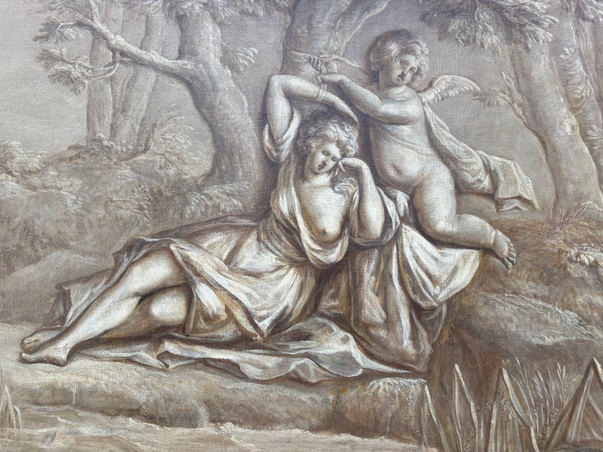 Pair of Grisailles landscape scene oil on canvas late 18th century. Very beautiful grisailles in a faux marble wooden frame depicting an angel with a lady in a landscape with a waterfall, trees and buildings in the background.