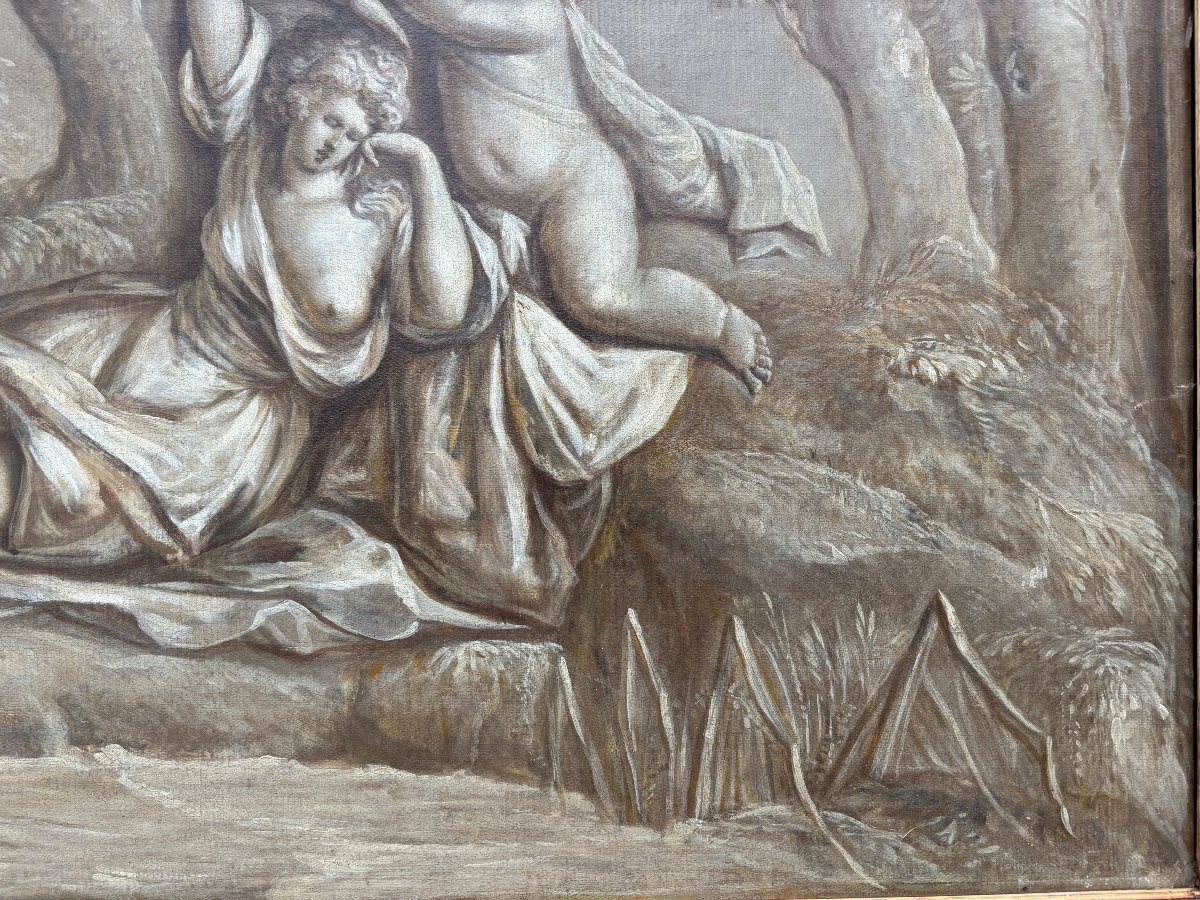 Pair of Grisailles landscape scene oil on canvas late 18th century. Very beautiful grisailles in a faux marble wooden frame depicting an angel with a lady in a landscape with a waterfall, trees and buildings in the background.