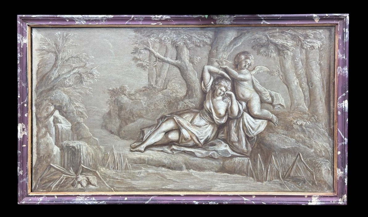 Pair of Grisailles landscape scene oil on canvas late 18th century. Very beautiful grisailles in a faux marble wooden frame depicting an angel with a lady in a landscape with a waterfall, trees and buildings in the background.