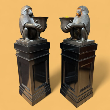 Pair of large ‘Baboons’ bronze lamps in the Art Deco style A highly decorative bronze sculpture/lamp in Art Deco style, depicting a large, finely detailed bronze baboon holding a vase containing a lamp. 