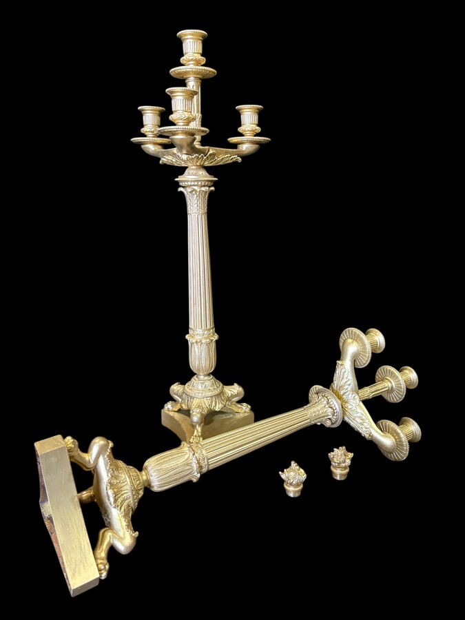 Pair of large bronze candelabra (71 cm) in Empire style, 19th century Large decorative candelabra with 4 candle holders Both in very good condition, gilding not original. Dimensions: Height: 71 cm French manufacture, 19th century.