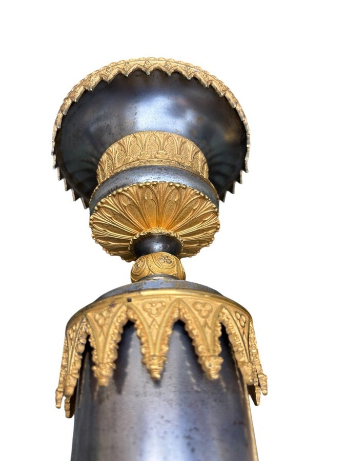 Pair of large cathedral style cassolettes in gilded bronze with mercury and silverplated patina from the Charles X period, early 19th century. Octagonal base which gives them a lot of character, a wide neck for opulence.