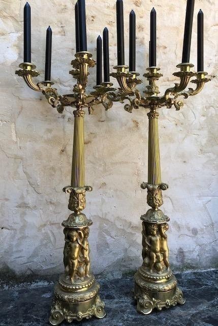 Pair of large gilt bronze candelabra 19th century. Decorated with 