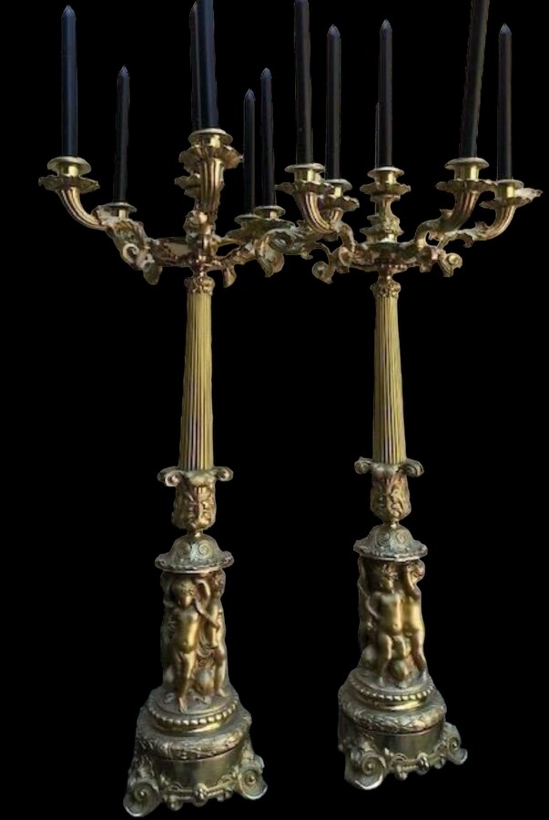 Pair of large gilt bronze candelabra 19th century. Decorated with 