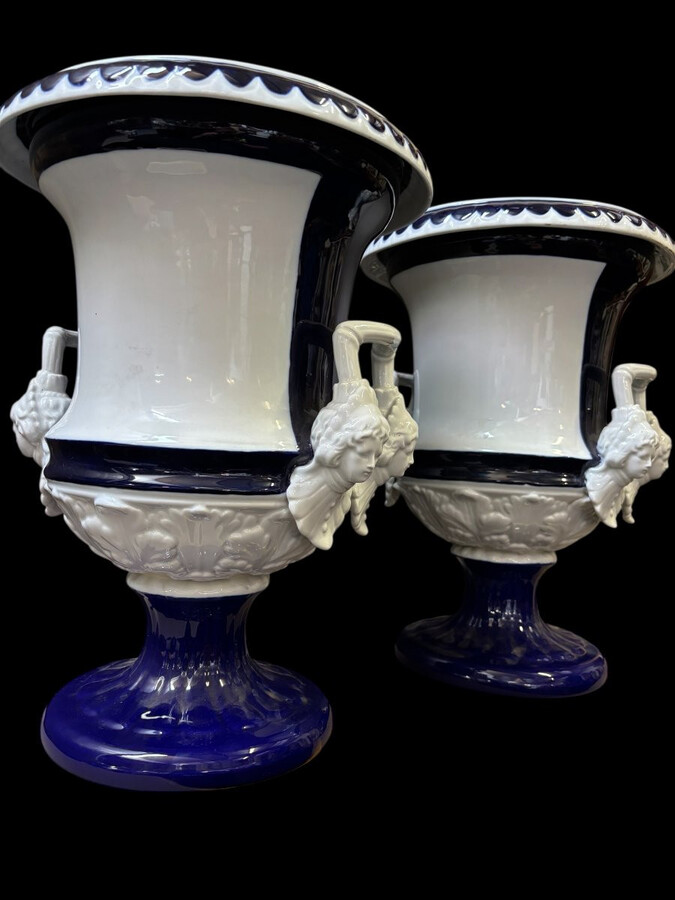 Pair of large Medici porcelain vases (45 cm) Decorative Medici vases in blue/white coloured porcelain from the middle of the 20th century with the following dimensions: Height: 45 cm Top diameter: 33 cm Diameter of foot: 22 cm Both in good condition.