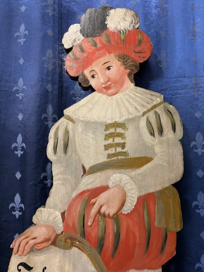 Pair of painted wooden chémineé guardians, 18th century Highly decorative painted pinewood sculptures inscribed with German texts. Dimensions: Height: 94 / 95 cm Width : 35 / 36,5 cm Depth : 16 cm In good condition, Germany, late 18th century