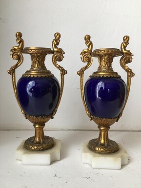 Pair Of Sèvres Porcelain Miniature Vases With Bronze Decorations. French, 19th Century. Height: 15 Cm, Width: 7 Cm