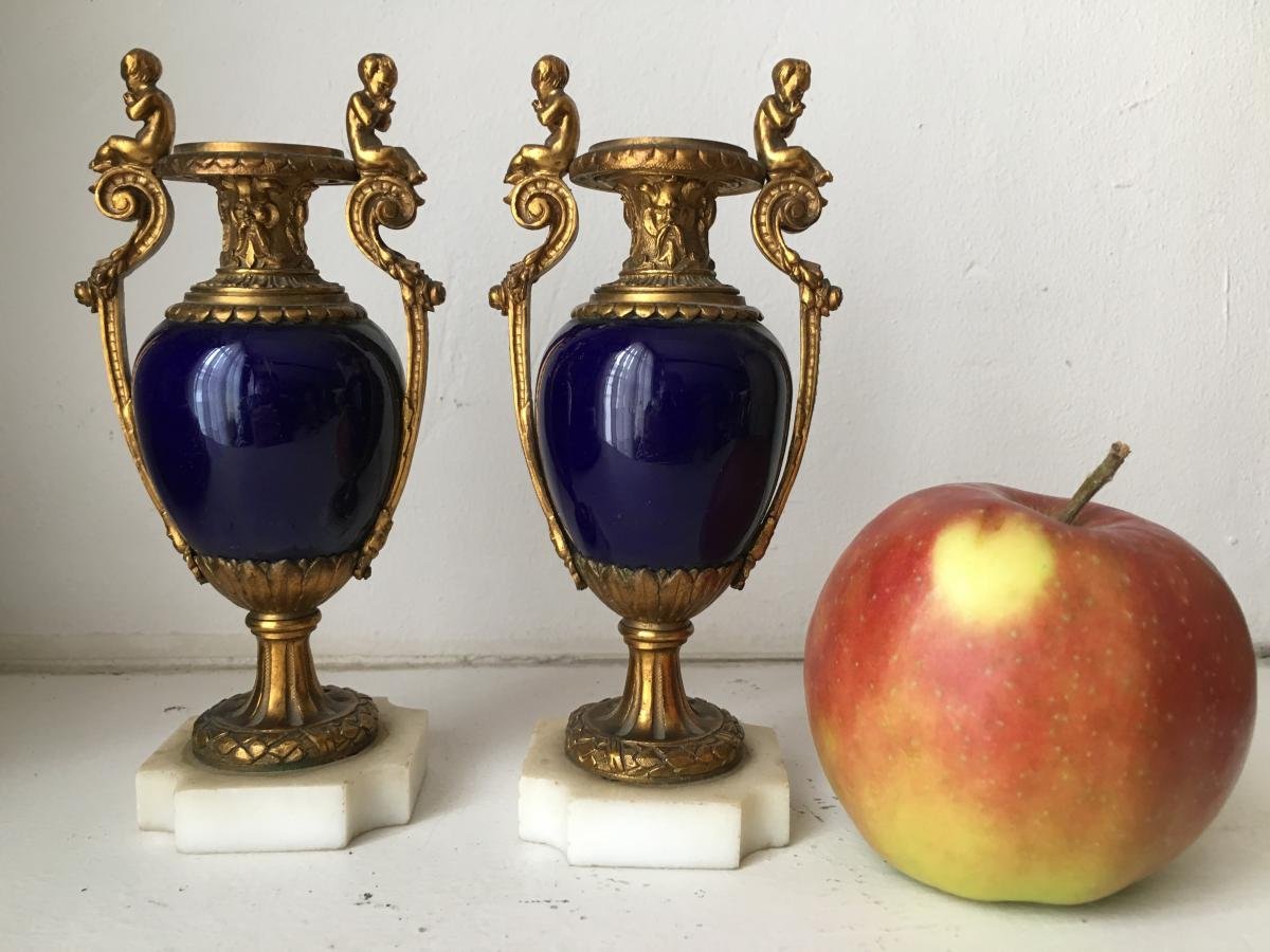 Pair Of Sèvres Porcelain Miniature Vases With Bronze Decorations. French, 19th Century. Height: 15 Cm, Width: 7 Cm