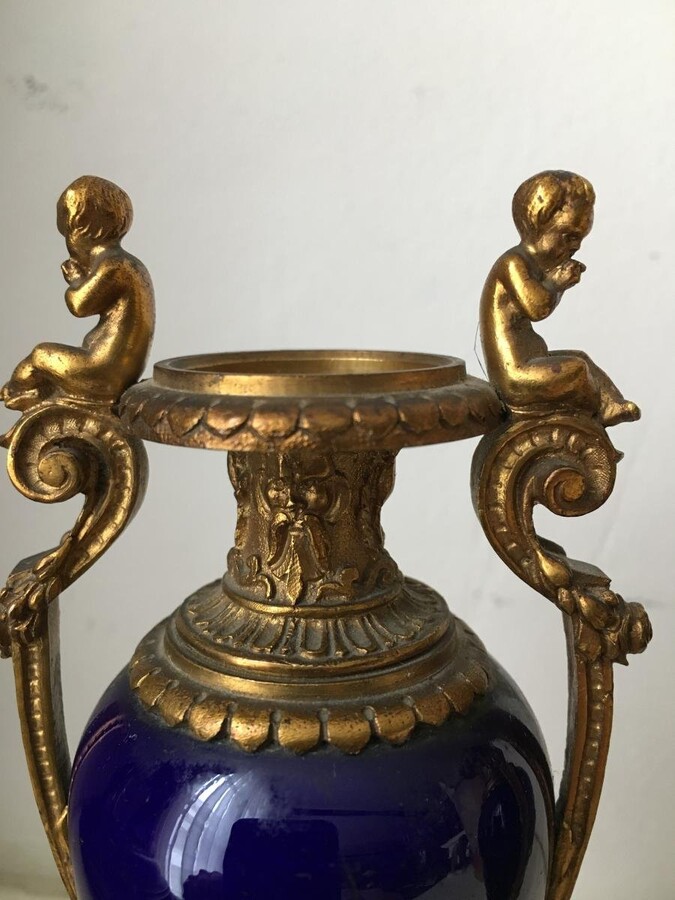 Pair Of Sèvres Porcelain Miniature Vases With Bronze Decorations. French, 19th Century. Height: 15 Cm, Width: 7 Cm