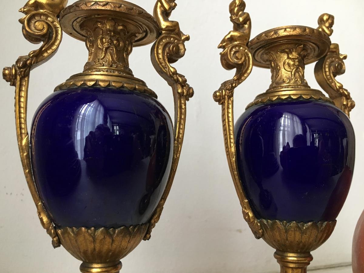 Pair Of Sèvres Porcelain Miniature Vases With Bronze Decorations. French, 19th Century. Height: 15 Cm, Width: 7 Cm